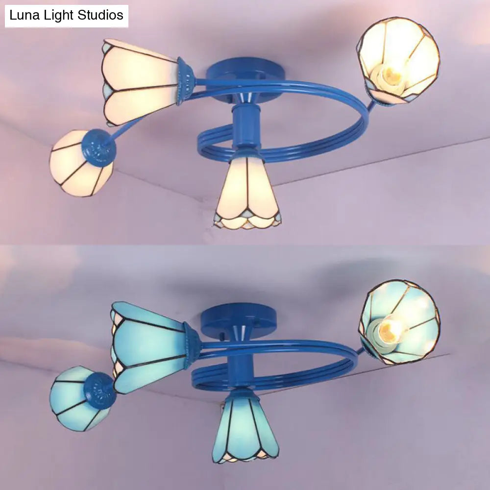 DecorBites™ DecorBites™ Tiffany Stained Glass Semi-Flush Light with White/Blue Motif - Ideal for Bedroom Ambiance