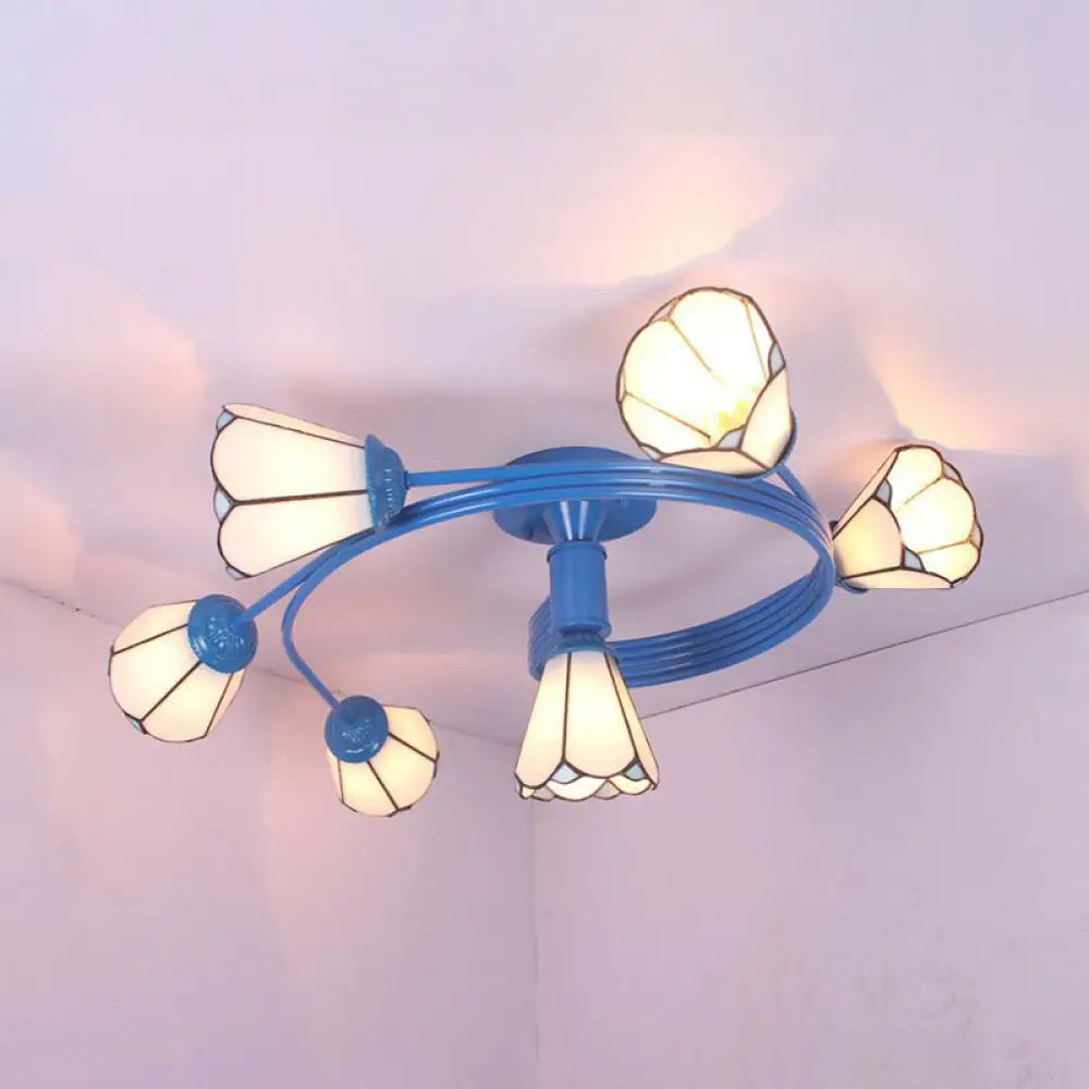 DecorBites™ DecorBites™ Tiffany Stained Glass Semi-Flush Light with White/Blue Motif - Ideal for Bedroom Ambiance