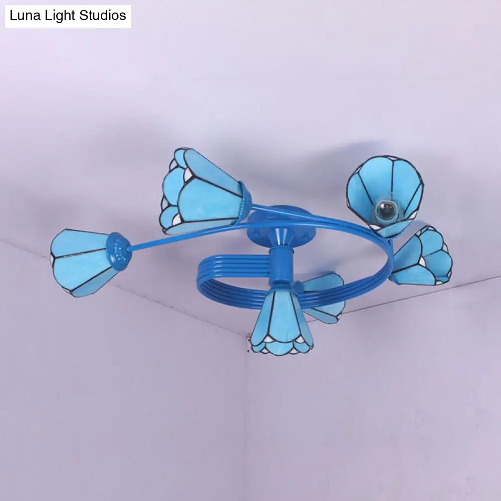 DecorBites™ DecorBites™ Tiffany Stained Glass Semi-Flush Light with White/Blue Motif - Ideal for Bedroom Ambiance