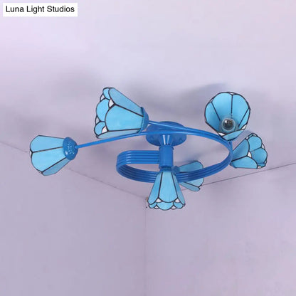 DecorBites™ DecorBites™ Tiffany Stained Glass Semi-Flush Light with White/Blue Motif - Ideal for Bedroom Ambiance