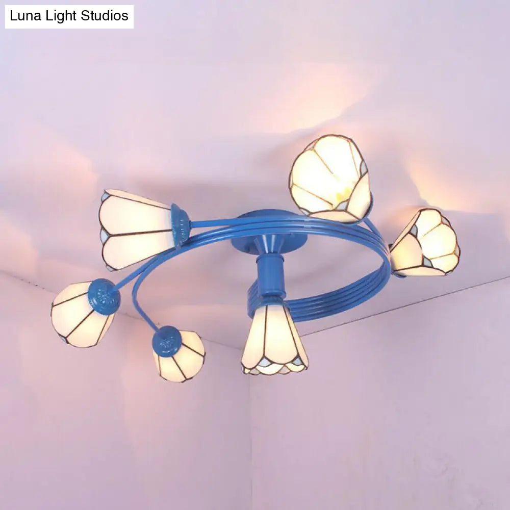 DecorBites™ DecorBites™ Tiffany Stained Glass Semi-Flush Light with White/Blue Motif - Ideal for Bedroom Ambiance