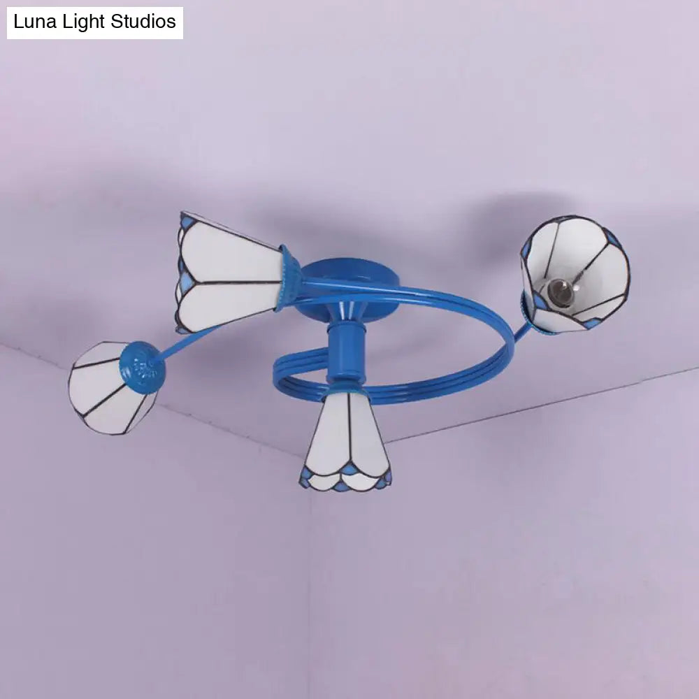 DecorBites™ DecorBites™ Tiffany Stained Glass Semi-Flush Light with White/Blue Motif - Ideal for Bedroom Ambiance