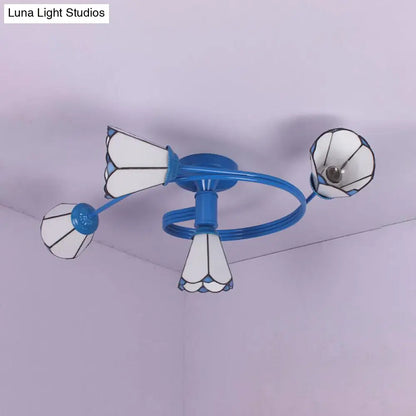 DecorBites™ DecorBites™ Tiffany Stained Glass Semi-Flush Light with White/Blue Motif - Ideal for Bedroom Ambiance