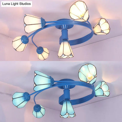 DecorBites™ DecorBites™ Tiffany Stained Glass Semi-Flush Light with White/Blue Motif - Ideal for Bedroom Ambiance