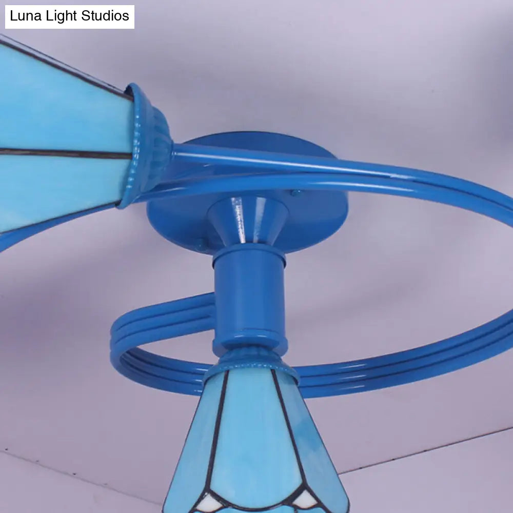 DecorBites™ DecorBites™ Tiffany Stained Glass Semi-Flush Light with White/Blue Motif - Ideal for Bedroom Ambiance