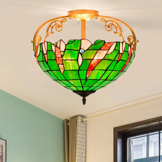 Tiffany Stained Glass Semi Flush Lighting for Bedroom - 3 Lights, Green Bowl Design