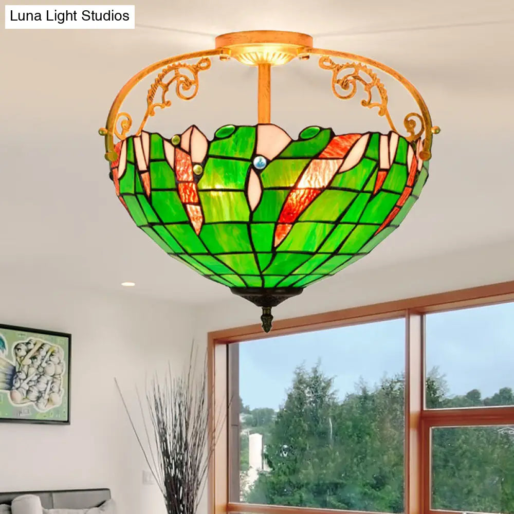 Tiffany Stained Glass Semi Flush Lighting for Bedroom - 3 Lights, Green Bowl Design