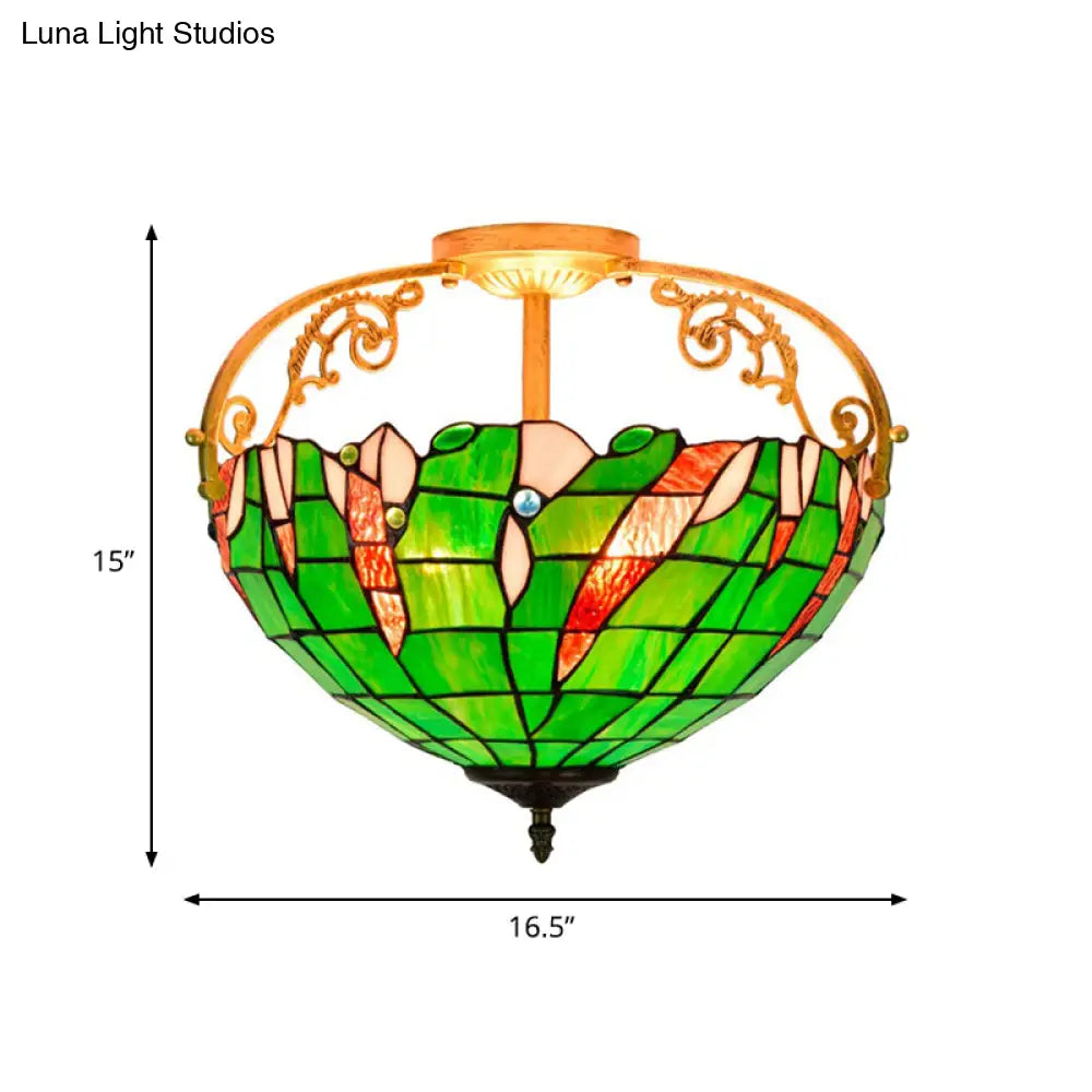 Tiffany Stained Glass Semi Flush Lighting for Bedroom - 3 Lights, Green Bowl Design