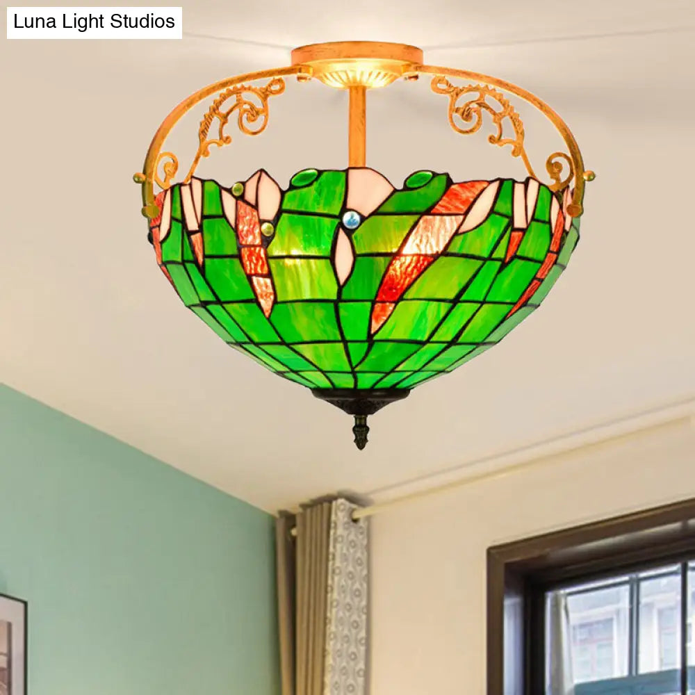 Tiffany Stained Glass Semi Flush Lighting for Bedroom - 3 Lights, Green Bowl Design