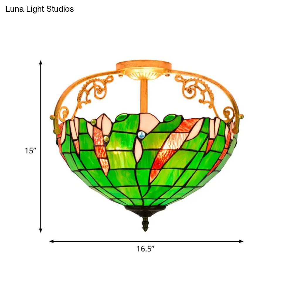 Tiffany Stained Glass Semi Flush Lighting for Bedroom - 3 Lights, Green Bowl Design