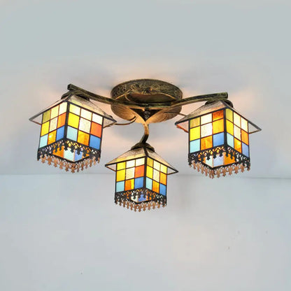 DecorBites™ DecorBites™ Tiffany Stained Glass Small House Ceiling Light - Blue/Clear, 3-Lights Flush Mount for Bedroom
