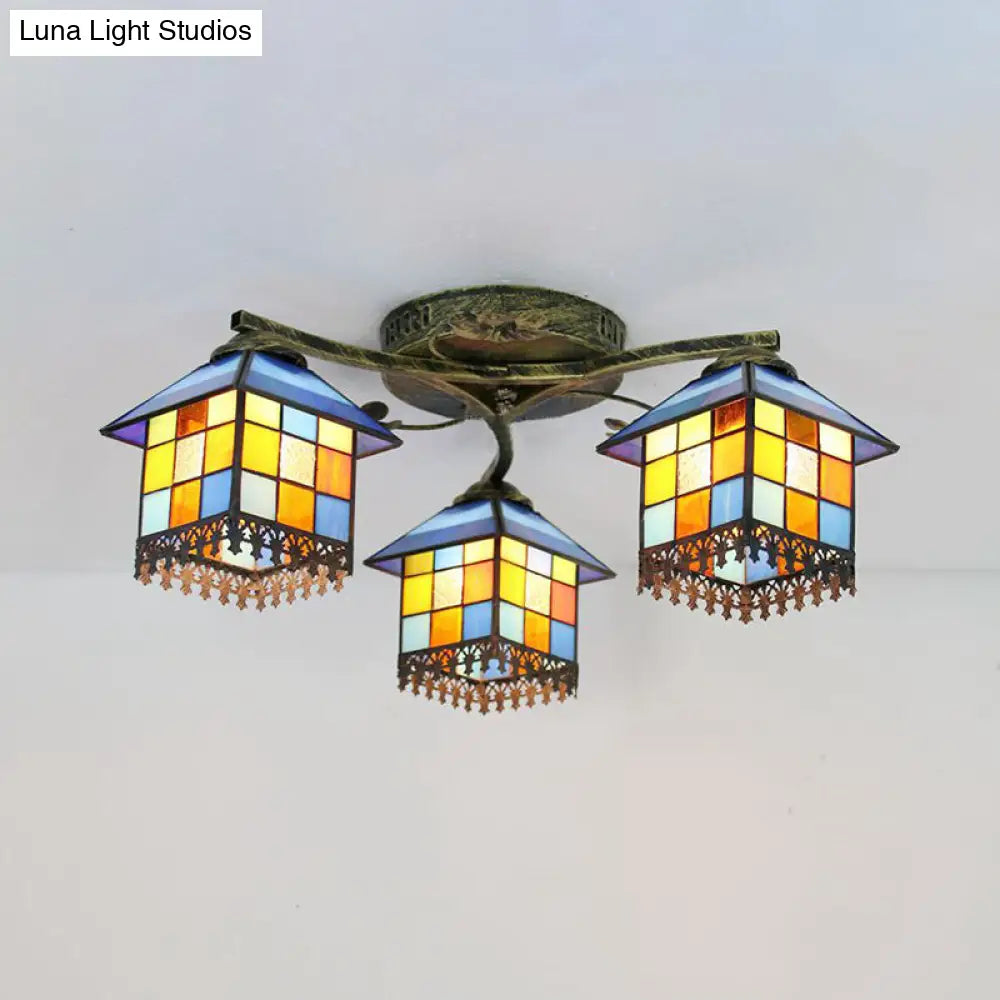 DecorBites™ DecorBites™ Tiffany Stained Glass Small House Ceiling Light - Blue/Clear, 3-Lights Flush Mount for Bedroom