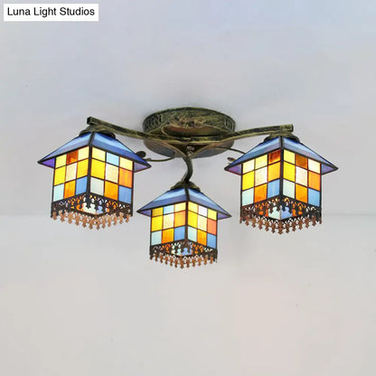 DecorBites™ DecorBites™ Tiffany Stained Glass Small House Ceiling Light - Blue/Clear, 3-Lights Flush Mount for Bedroom
