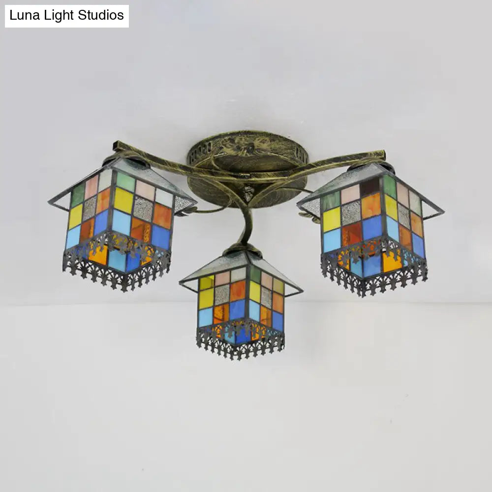 DecorBites™ DecorBites™ Tiffany Stained Glass Small House Ceiling Light - Blue/Clear, 3-Lights Flush Mount for Bedroom