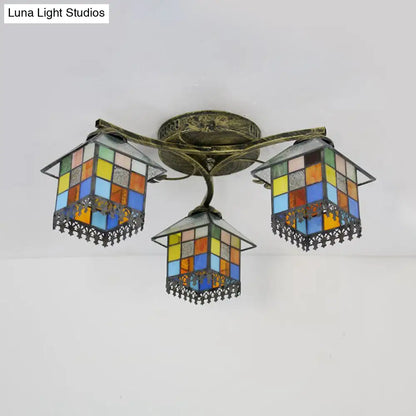 DecorBites™ DecorBites™ Tiffany Stained Glass Small House Ceiling Light - Blue/Clear, 3-Lights Flush Mount for Bedroom
