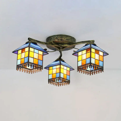 DecorBites™ DecorBites™ Tiffany Stained Glass Small House Ceiling Light - Blue/Clear, 3-Lights Flush Mount for Bedroom