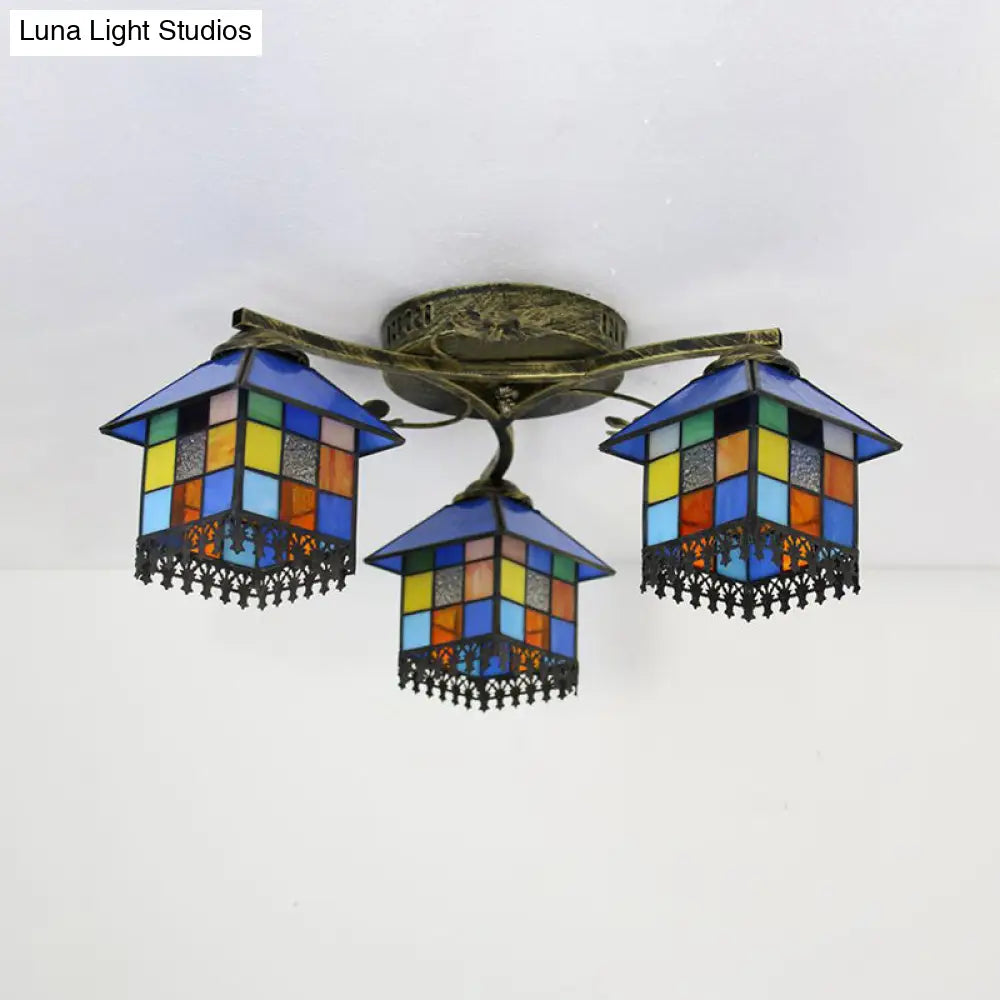 DecorBites™ DecorBites™ Tiffany Stained Glass Small House Ceiling Light - Blue/Clear, 3-Lights Flush Mount for Bedroom