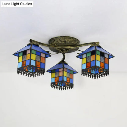 DecorBites™ DecorBites™ Tiffany Stained Glass Small House Ceiling Light - Blue/Clear, 3-Lights Flush Mount for Bedroom
