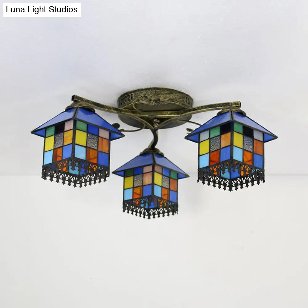 DecorBites™ DecorBites™ Tiffany Stained Glass Small House Ceiling Light - Blue/Clear, 3-Lights Flush Mount for Bedroom