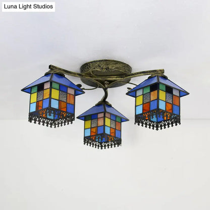 DecorBites™ DecorBites™ Tiffany Stained Glass Small House Ceiling Light - Blue/Clear, 3-Lights Flush Mount for Bedroom
