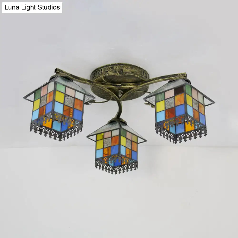DecorBites™ DecorBites™ Tiffany Stained Glass Small House Ceiling Light - Blue/Clear, 3-Lights Flush Mount for Bedroom