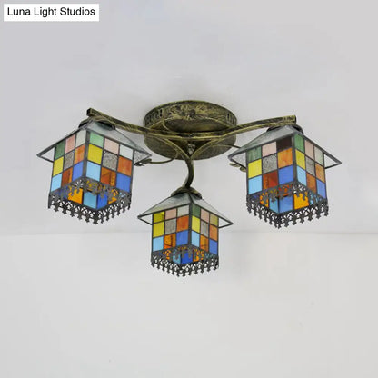DecorBites™ DecorBites™ Tiffany Stained Glass Small House Ceiling Light - Blue/Clear, 3-Lights Flush Mount for Bedroom