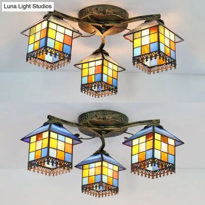 DecorBites™ DecorBites™ Tiffany Stained Glass Small House Ceiling Light - Blue/Clear, 3-Lights Flush Mount for Bedroom