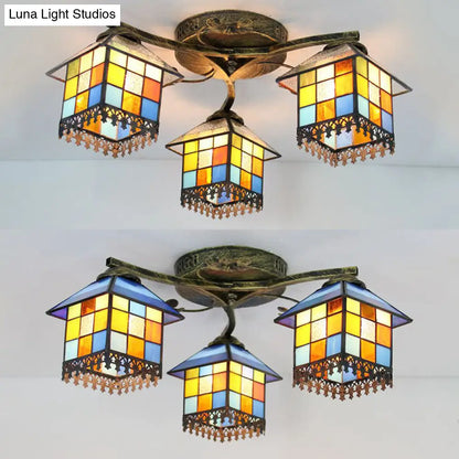 DecorBites™ DecorBites™ Tiffany Stained Glass Small House Ceiling Light - Blue/Clear, 3-Lights Flush Mount for Bedroom
