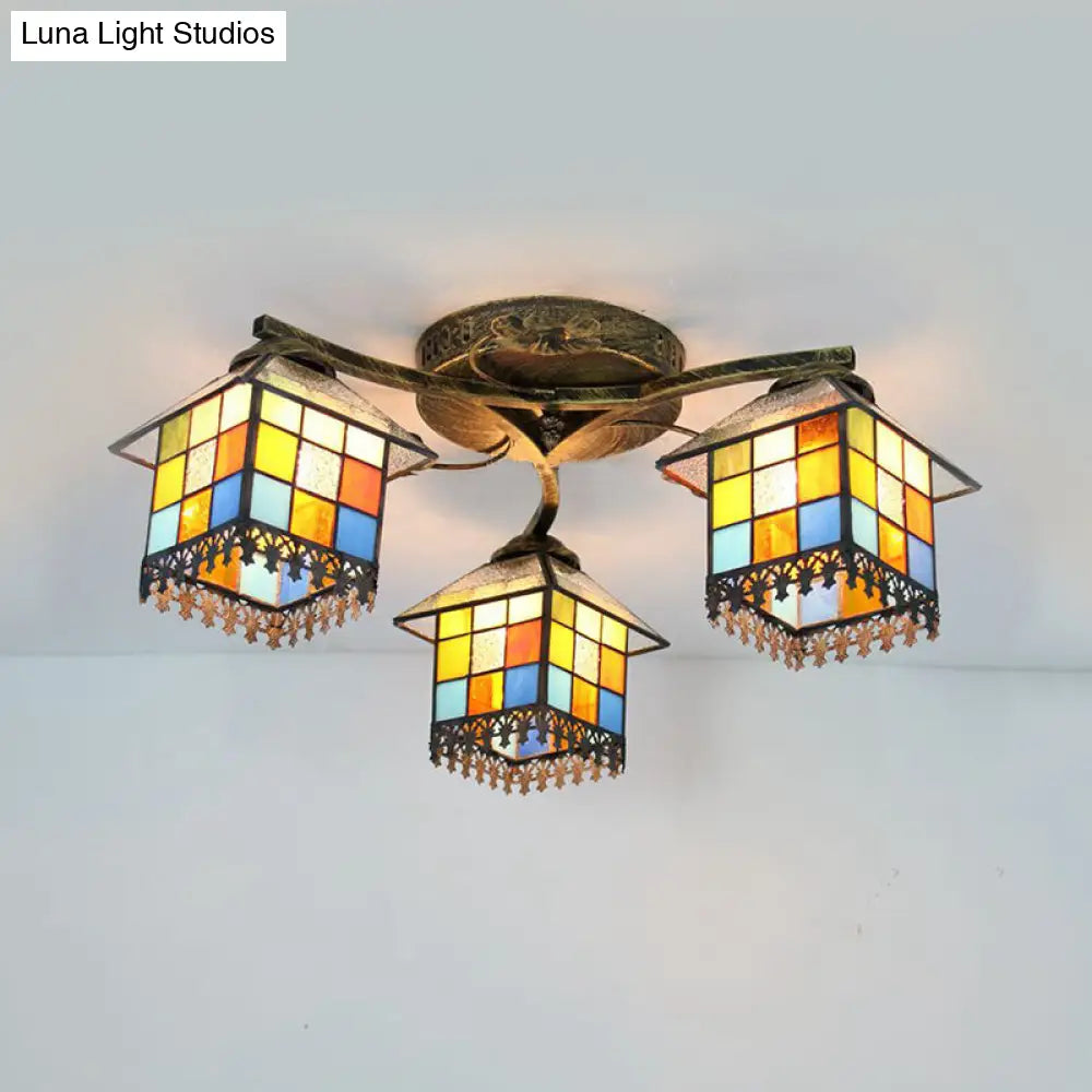 DecorBites™ DecorBites™ Tiffany Stained Glass Small House Ceiling Light - Blue/Clear, 3-Lights Flush Mount for Bedroom