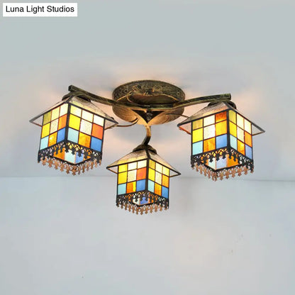 DecorBites™ DecorBites™ Tiffany Stained Glass Small House Ceiling Light - Blue/Clear, 3-Lights Flush Mount for Bedroom