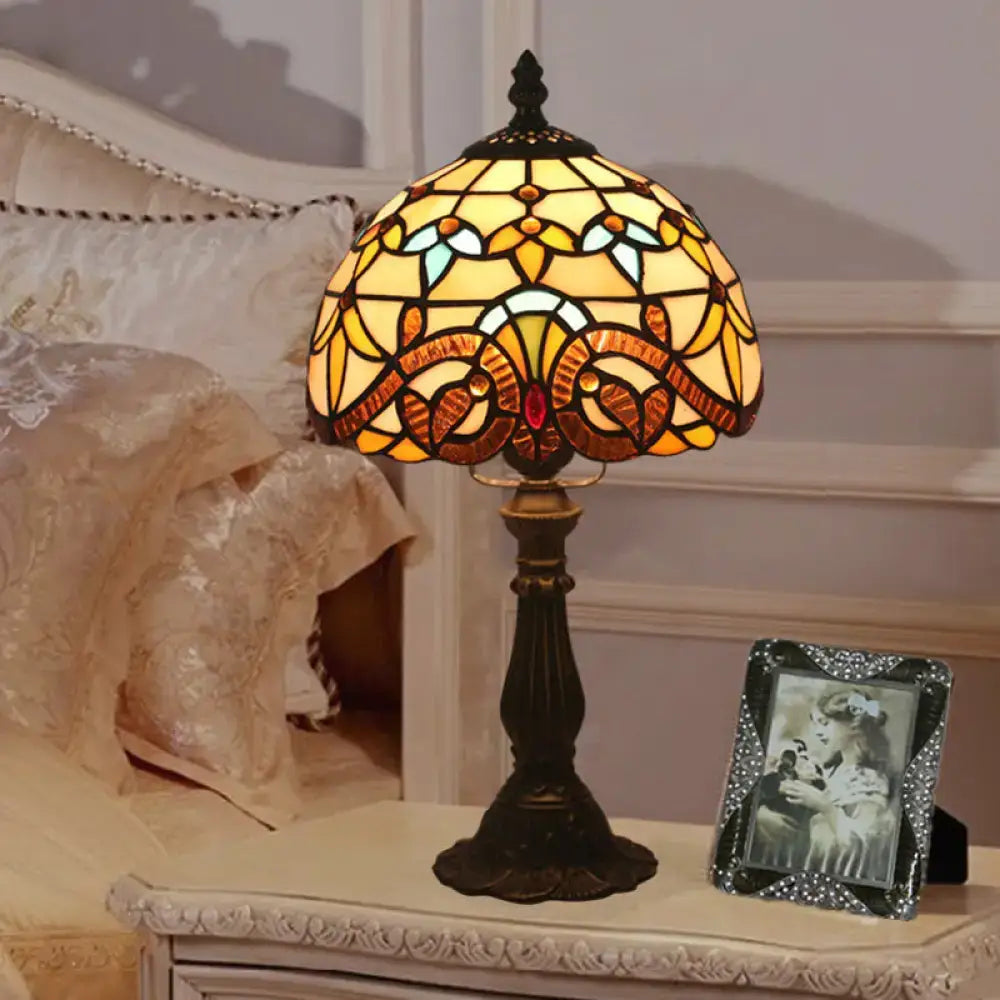 Tiffany stained glass table lamp with amber yellow and teal floral patterns on dark bronze base 110v-120v