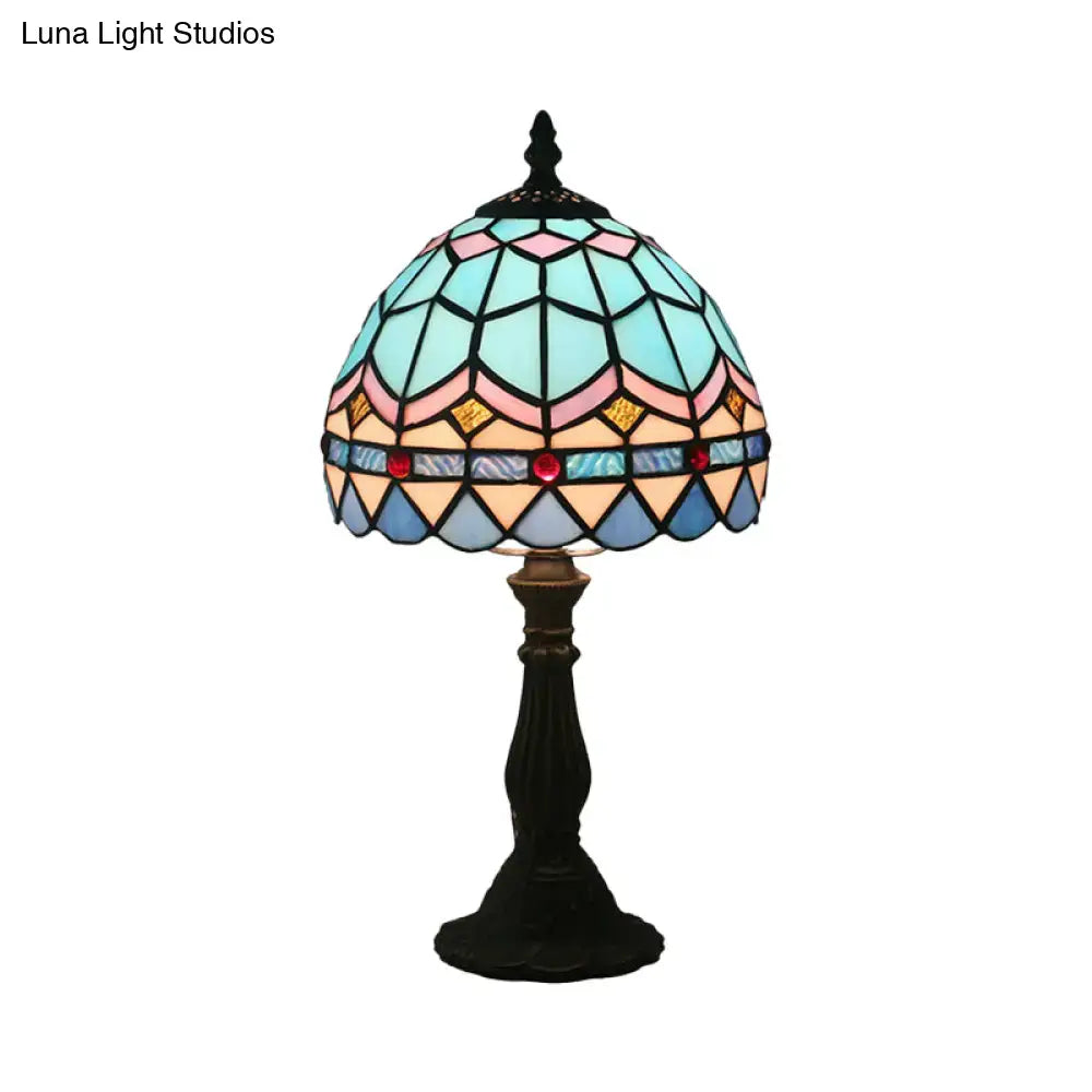 Tiffany stained glass table lamp with pastel blue pink and gold mosaic shade in black leaded frame for 110v-120v use