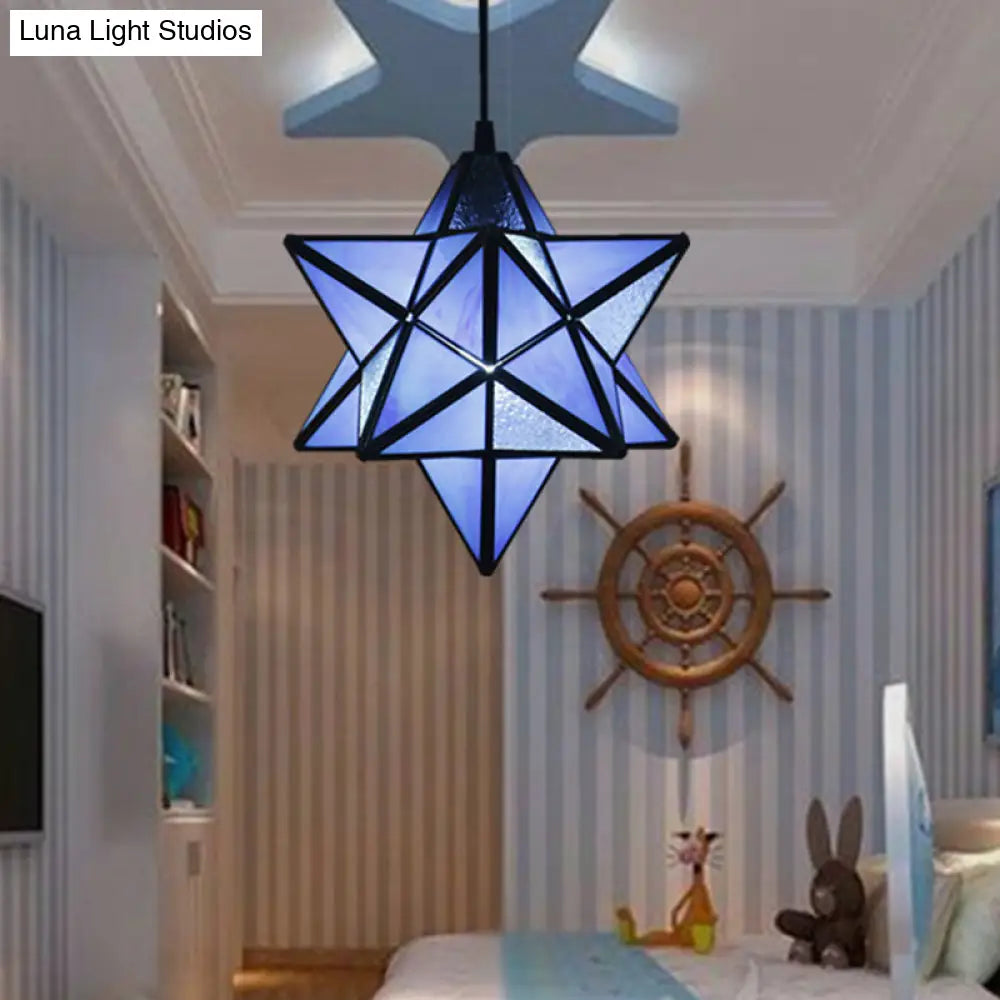 Tiffany Star Shade Pendant Lamp with Stained Glass Suspension Lighting for Bedroom