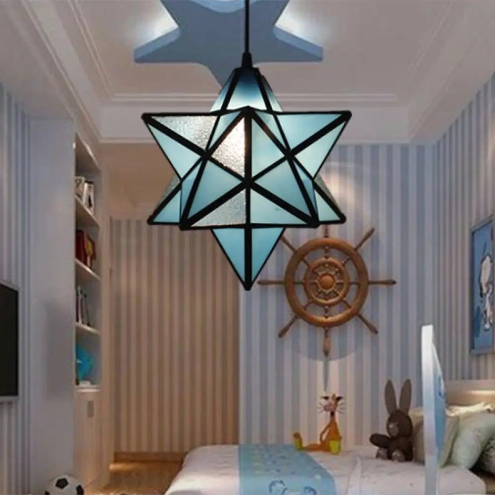 Tiffany Star Shade Pendant Lamp with Stained Glass Suspension Lighting for Bedroom