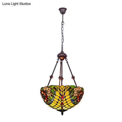 Tiffany Style 2-Light Flower Bush Chandelier Lamp with Stained Glass Pendant - Red/Yellow/Purple
