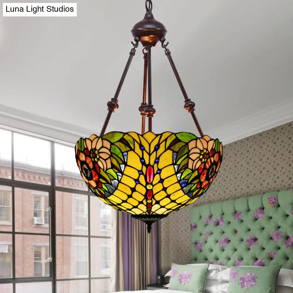 Tiffany Style 2-Light Flower Bush Chandelier Lamp with Stained Glass Pendant - Red/Yellow/Purple