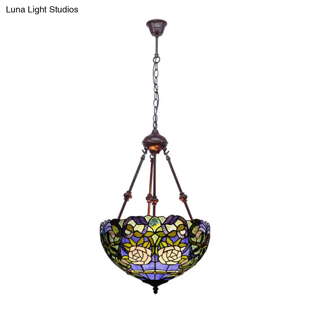 Tiffany Style 2-Light Flower Bush Chandelier Lamp with Stained Glass Pendant - Red/Yellow/Purple