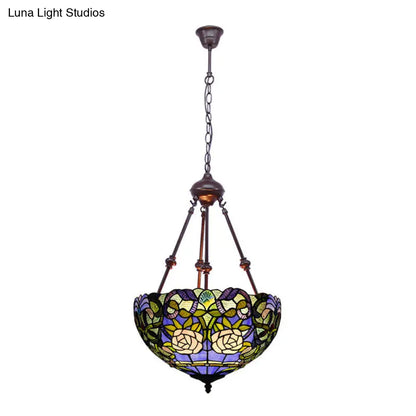 Tiffany Style 2-Light Flower Bush Chandelier Lamp with Stained Glass Pendant - Red/Yellow/Purple