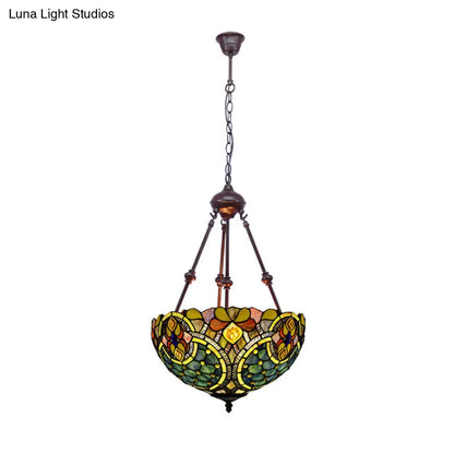 Tiffany Style 2-Light Flower Bush Chandelier Lamp with Stained Glass Pendant - Red/Yellow/Purple