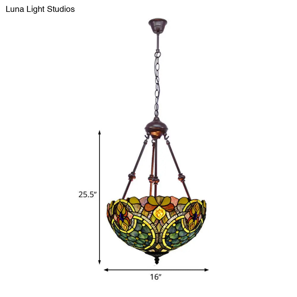 Tiffany Style 2-Light Flower Bush Chandelier Lamp with Stained Glass Pendant - Red/Yellow/Purple