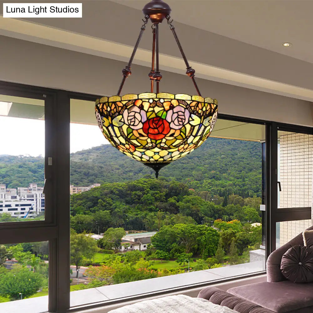 Tiffany Style 2-Light Flower Bush Chandelier Lamp with Stained Glass Pendant - Red/Yellow/Purple