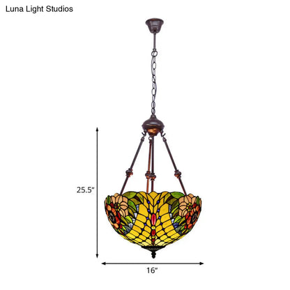 Tiffany Style 2-Light Flower Bush Chandelier Lamp with Stained Glass Pendant - Red/Yellow/Purple