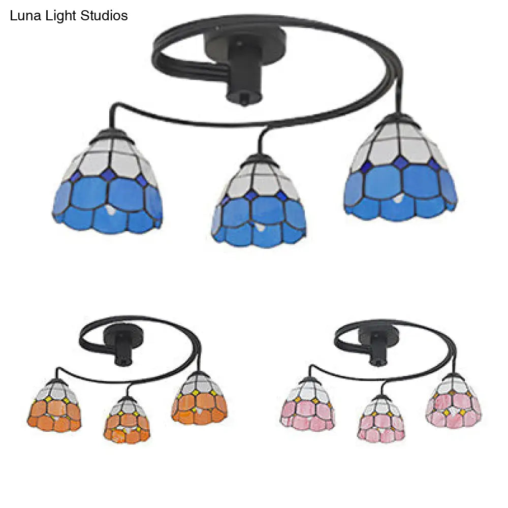 DecorBites™ DecorBites™ Tiffany Style 3-Light Bowl Semi Flushmount with Stained Glass in Orange/Pink/Blue - Perfect for Living Room