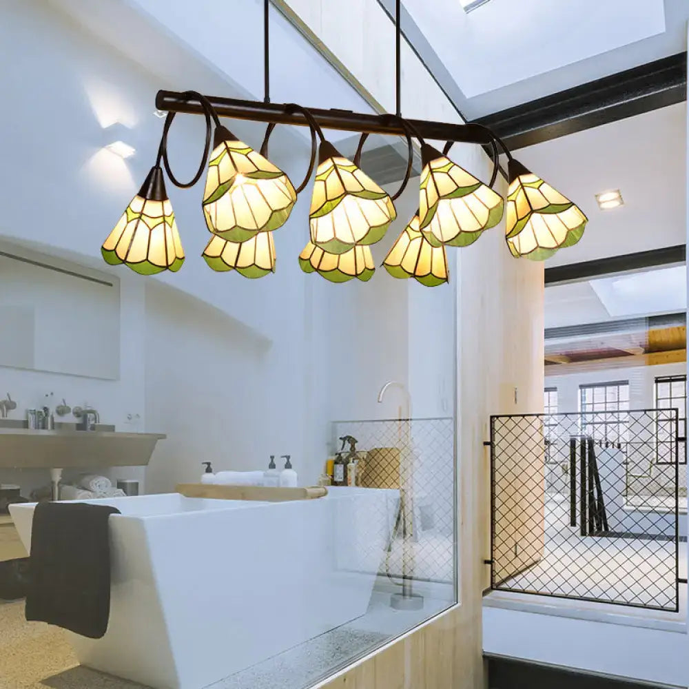 Decorbites tiffany style beige conical island lighting fixture with amber green floral shades and dark bronze bar pendant light