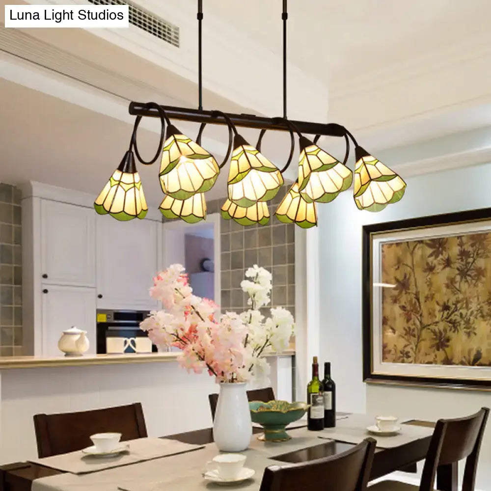 Decorbites™ tiffany style beige conical island lighting fixture with stained glass floral shades and dark metal frame