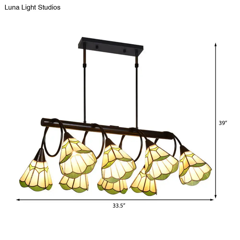 Decorbites tiffany style stained glass beige conical island lighting fixture with amber green shades and bronze frame