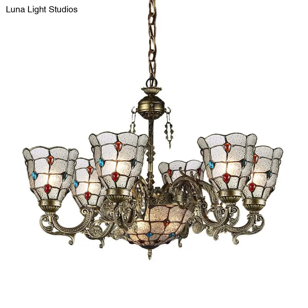 Tiffany Style Arm Chandelier with Frosted Glass Shades - 9/12 Lights Bronze Pendant Lamp for Living Room