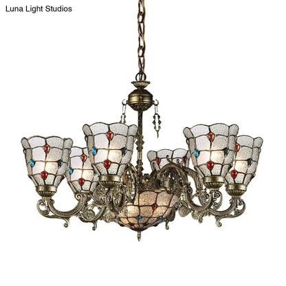 Tiffany Style Arm Chandelier with Frosted Glass Shades - 9/12 Lights Bronze Pendant Lamp for Living Room