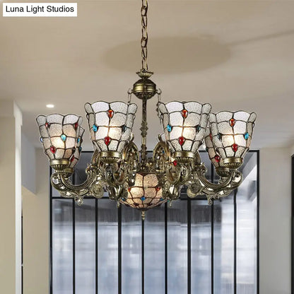 Tiffany Style Arm Chandelier with Frosted Glass Shades - 9/12 Lights Bronze Pendant Lamp for Living Room