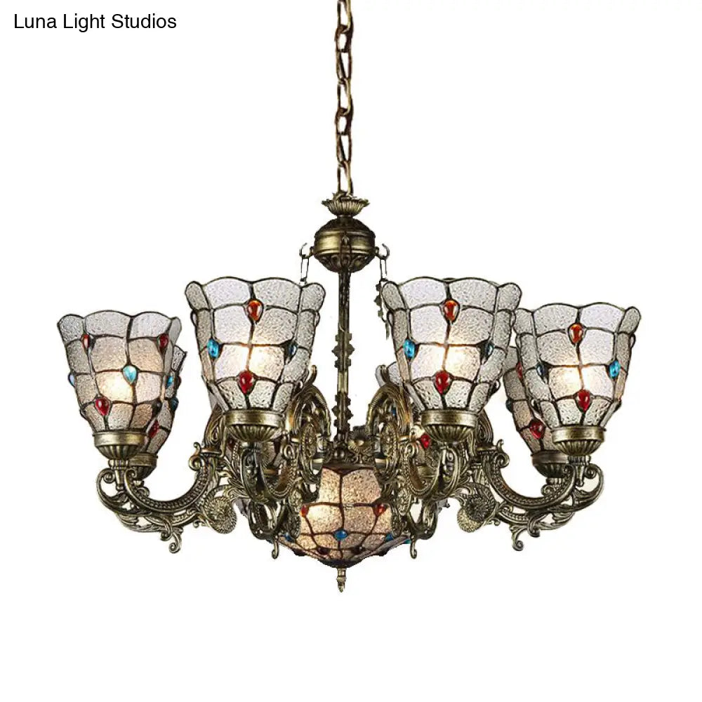 Tiffany Style Arm Chandelier with Frosted Glass Shades - 9/12 Lights Bronze Pendant Lamp for Living Room